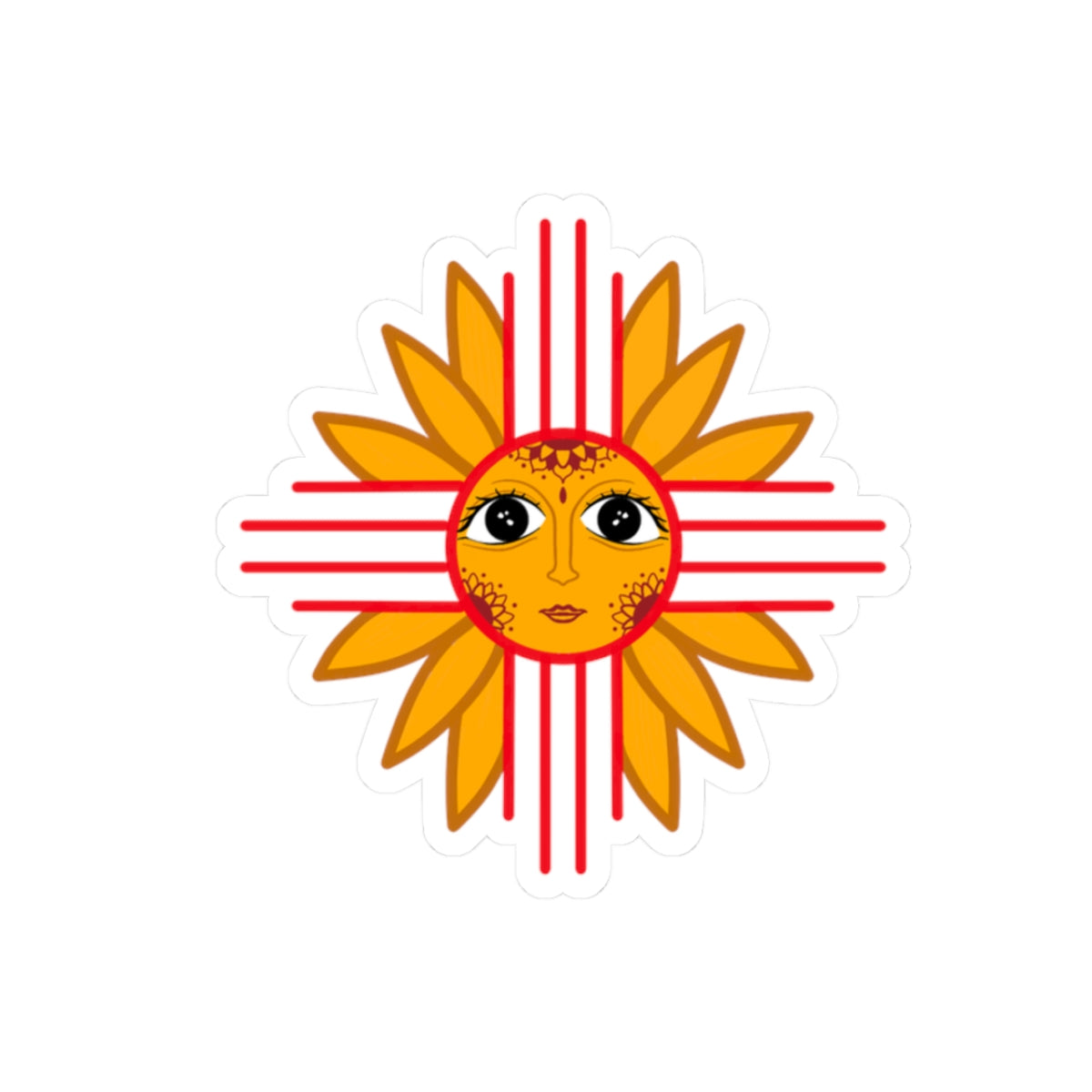 Sun Face Zia Sticker — Southwest Sunburst Kiss-Cut Sticker
