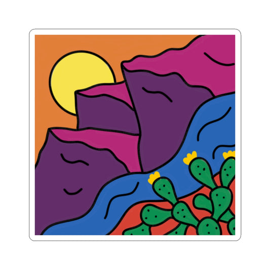 Desert Sunset Kiss-Cut Sticker — Colorful Cactus & Mountain Decal